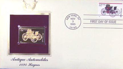 #3020 32¢ Antique Autos: 1894 Haynes - Gold-Foil First Day Cover MAIN
