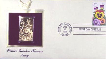 #3027 32¢ Winter Flowers: Pansy - Gold-Foil First Day Cover MAIN