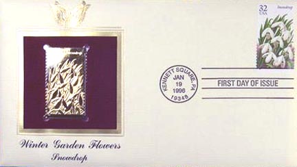 #3028 32¢ Winter Flowers: Snowdrop - Gold-Foil First Day Cover MAIN