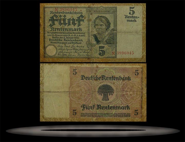 Germany Banknote, 5 Rentenmark, 2.1.1926, P#169 MAIN