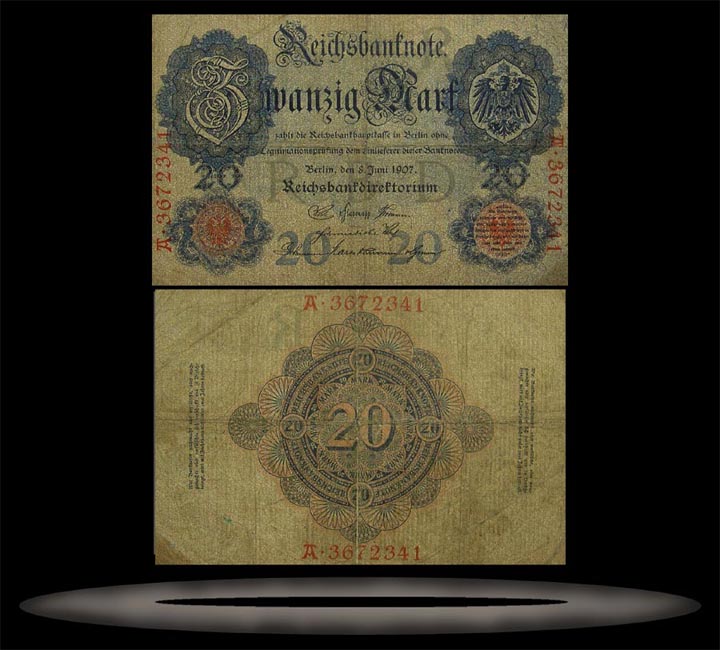 Germany Banknote, 20 Mark, 8.6.1907, P#28 MAIN
