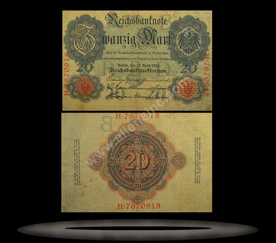 Germany Banknote, 20 Mark, 21.4.1910, P#40a MAIN