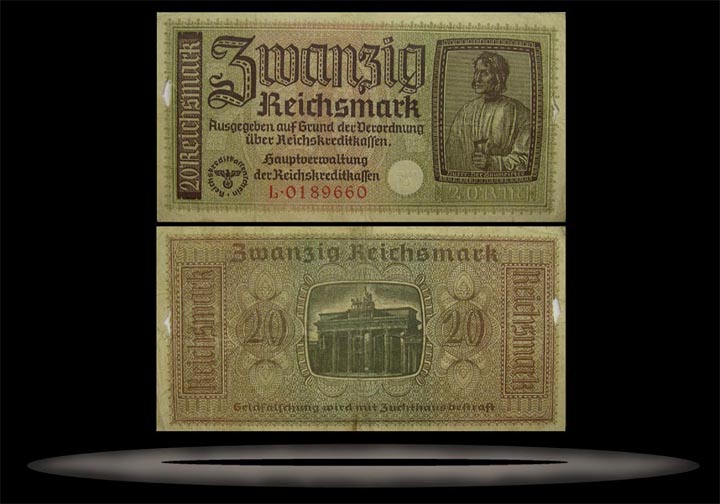 Occupied Territories, Germany Banknote, 20 Reichsmark, ND (1940-45), P#139 MAIN