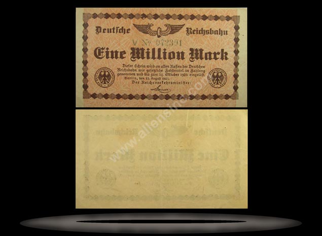 Railroads, Germany Banknote, 1 Million Mark, 12.8.1923, P#1011 MAIN