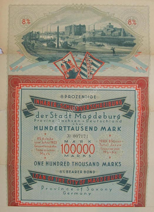 Inhaberschuldverschreibung Magdeburg Bearer Bond, Germany Banknote, 100,000 Mark, 1923, P#12 MAIN