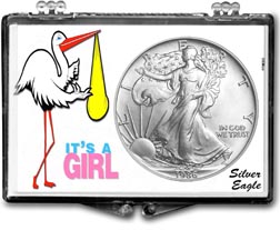 1986 It's A Girl, Stork Motif, American Silver Eagle Gift Display THUMBNAIL