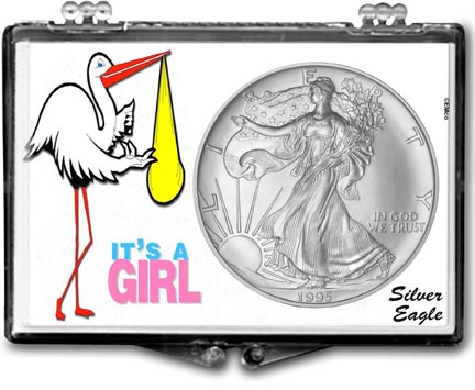 1995 It's A Girl, Stork Motif, American Silver Eagle Gift Display MAIN