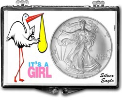 1995 It's A Girl, Stork Motif, American Silver Eagle Gift Display THUMBNAIL