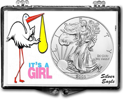 2003 It's A Girl, Stork Motif, American Silver Eagle Gift Display MAIN