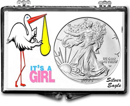 It's A Girl, Stork Motif, American Silver Eagle Gift Display LARGE