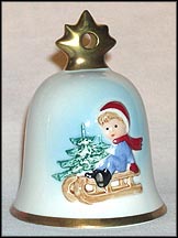 1995 Boy On Sled, Goebel Annual Christmas Bell Ornament MAIN