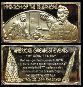 Invention of the Telephone, gold plated' Art Bar by Hamilton Mint. MAIN