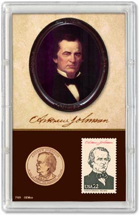 Edgar Marcus & Co Snap-Tite Commemorative Coin Display - Andrew Johnson Presidential Dollar & Stamp MAIN