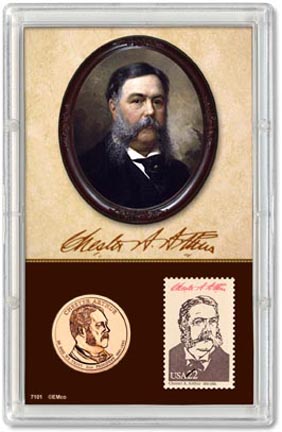 Edgar Marcus & Co Snap-Tite Commemorative Coin Display - Chester Arthur Presidential Dollar & Stamp MAIN