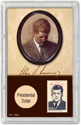 Edgar Marcus & Co Snap-Tite Commemorative Coin Display - John F. Kennedy Presidential Dollar & Stamp MAIN