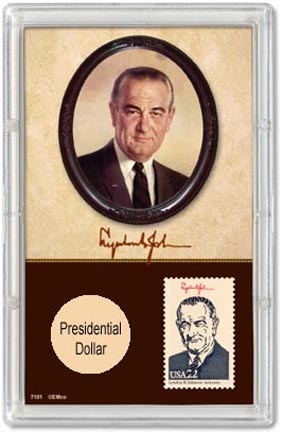 Edgar Marcus & Co Snap-Tite Commemorative Coin Display - Lyndon Johnson Presidential Dollar & Stamp MAIN