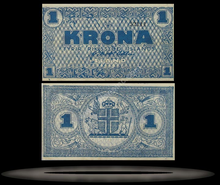 Iceland Banknote, 1 Krona, 1941, P#22e MAIN