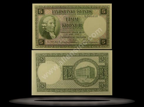 Iceland Banknote, 5 Kronur, L.15.4.1928, P#32a MAIN