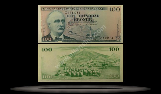 Iceland Banknote, 100 Kronur, L.21.6.1957, P#40a MAIN
