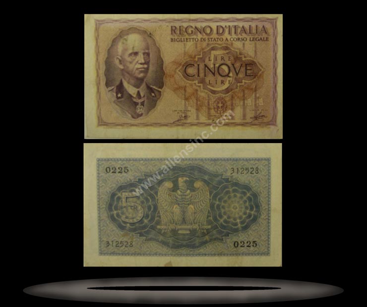 Italy Banknote, 5 Lire, 1940, P#28 MAIN