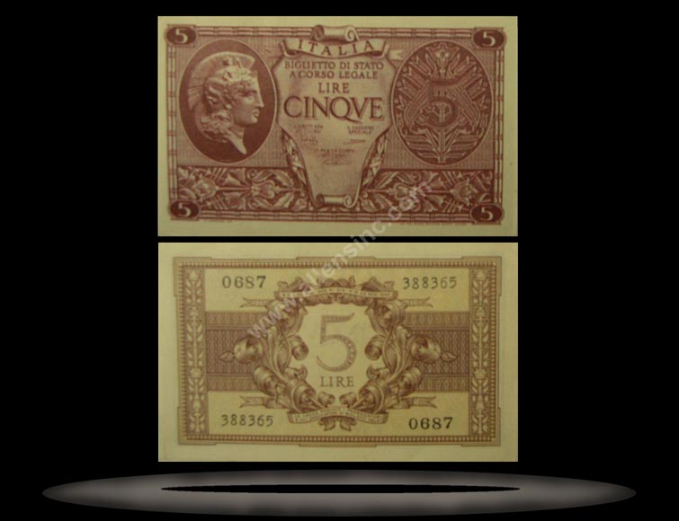 Italy Banknote, 5 Lire, 23.11.1944, P#31b MAIN