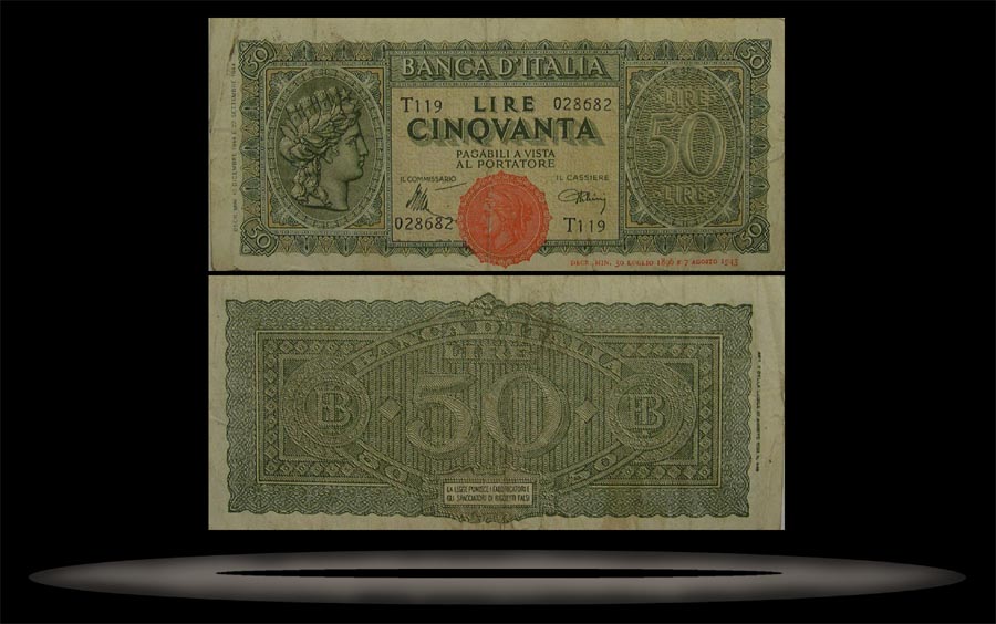 Italy Banknote, 50 Lire, 10.12.1944, P#74 MAIN