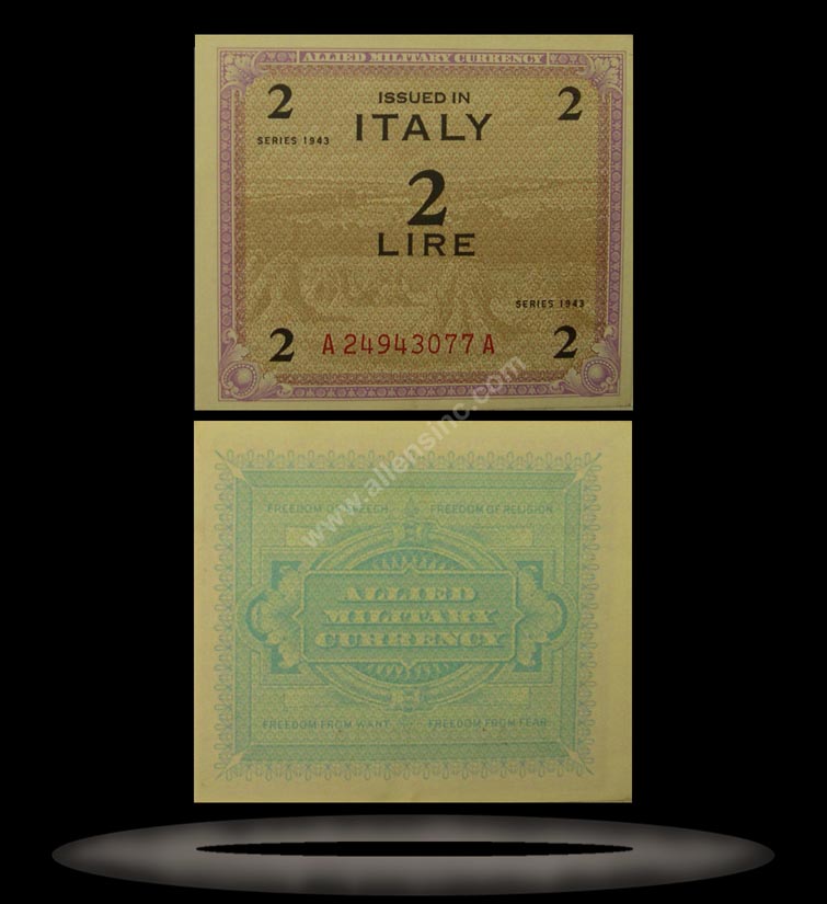 Allied Military Currency, Italy Banknote, 2 Lire, 1943, P#11b MAIN