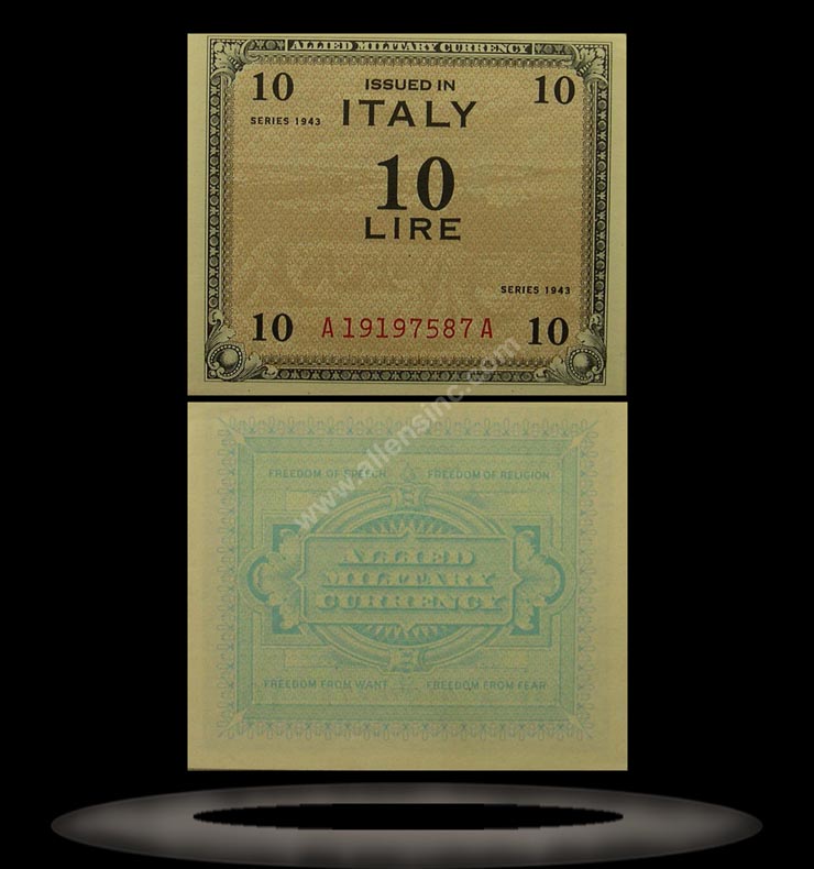 Allied Military Currency, Italy Banknote, 10 Lire, 1943, P#13a MAIN