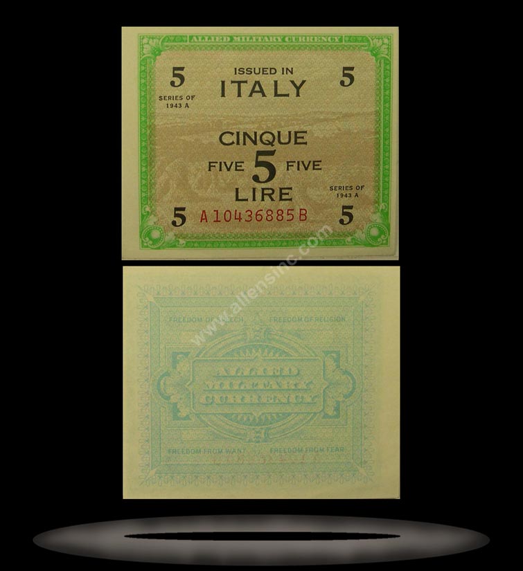 Allied Military Currency, Italy Banknote, 5 Lire, 1943, P#18a MAIN