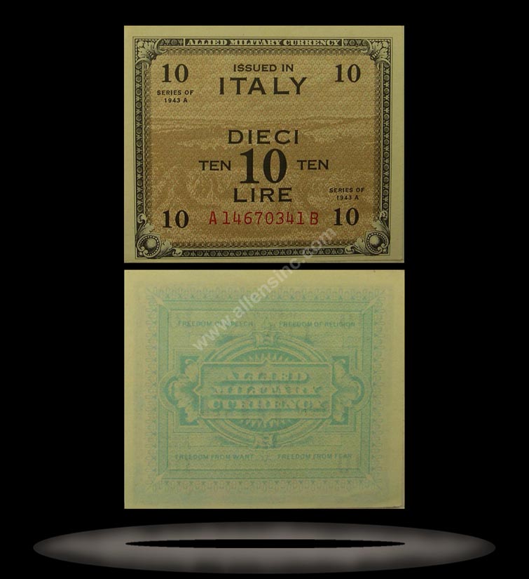 Allied Military Currency, Italy Banknote, 10 Lire, 1943, P#19a MAIN