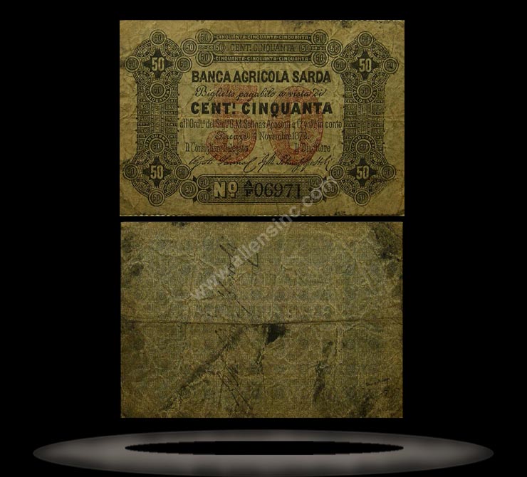 Banca Agricola Sarda, Italy Banknote, 50  Centesimi, 1.11.1872, P#1 MAIN