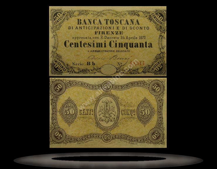 Firenze (Florence), Banca Toscana, Italy Banknote, 50 Centesimi, 24.4.1870, P#2 MAIN