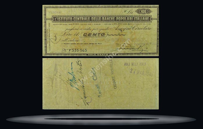 l'Istituto Centrale Delle Banche Popolari Italiane, Milano, Italy Banknote, 100 Lire, 30.9.1944, P#3 MAIN