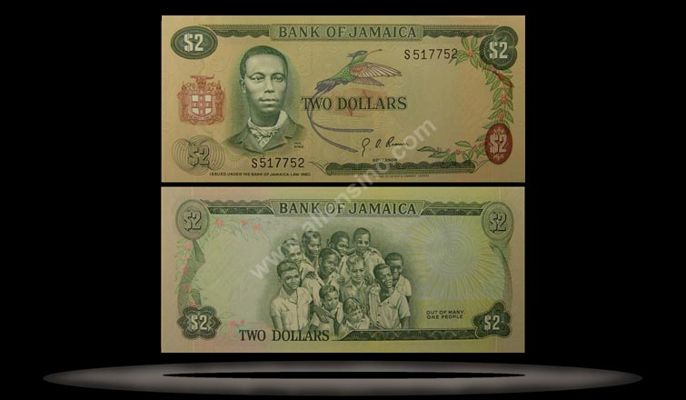 Jamaica Banknote, 2 Dollars, L.1960 (1970), P#55 MAIN