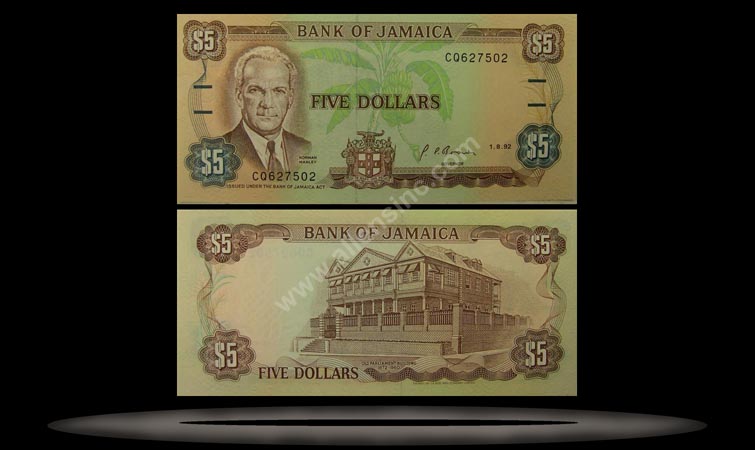 Jamaica Banknote, 5 Dollars, 1.5.1989, P#70c MAIN