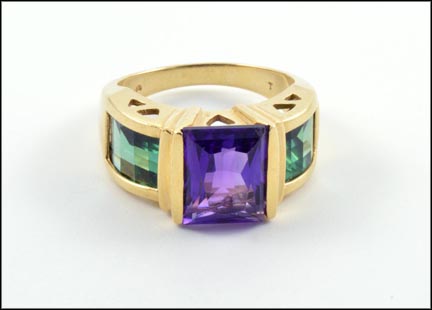 Amethyst and Green Tourmaline Ring in 14K Yellow Gold LARGE