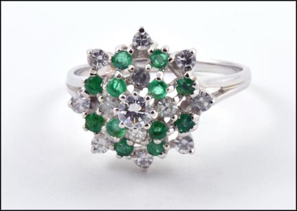 Emerald and Diamond Cluster Ring in 14K White Gold MAIN