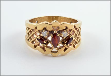 Wide Band Garnet and Diamond Ring in 14K Yellow Gold MAIN