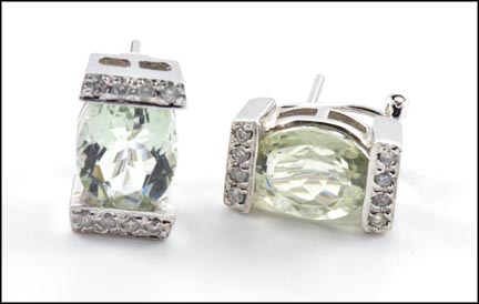 Prasiolite Omega Back Earrings in 14K White Gold LARGE