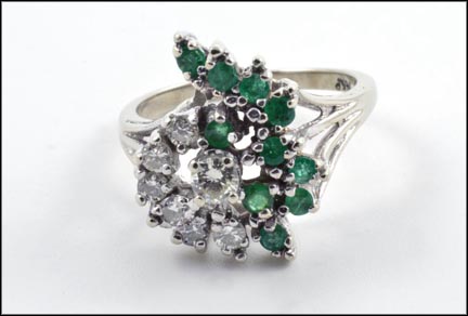 Emerald and Diamond Cluster Ring in 14K White Gold MAIN