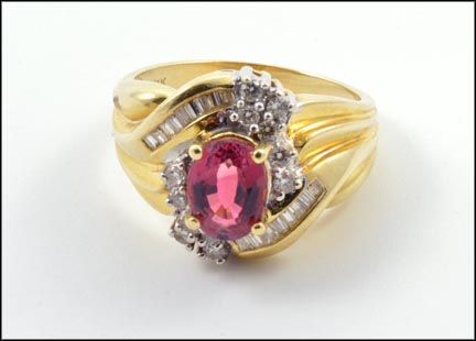 Rubellite Tourmaline and Diamond Ring in 14K Yellow Gold LARGE