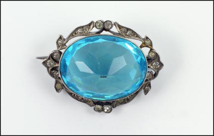 Blue Glass Stone Pin in Sterling Silver LARGE