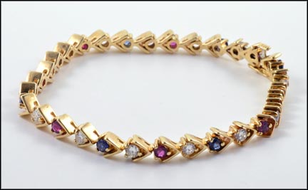 Ruby, Diamond and Sapphire Bracelet in 14K Yellow Gold LARGE