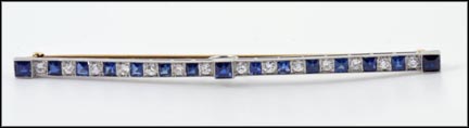 Sapphire and Diamond Bar Pin in Platinum and 14k Yellow Gold LARGE