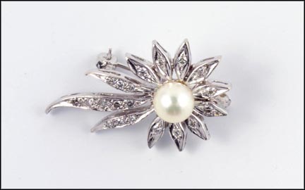 Pearl and Diamond Starburst Pin in White Gold LARGE