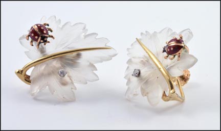 Quartz Leaf Earrings with Ladybug in 14K Yellow Gold MAIN