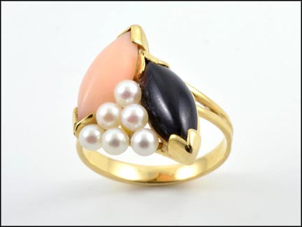 Coral, Onyx and Pearl Cluster Ring in 14K Yellow Gold MAIN