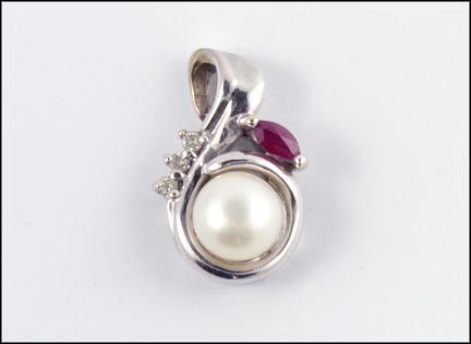 Pearl Pendant with Ruby and Diamond Accent in 14K White Gold LARGE