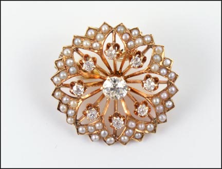 Vintage Diamond and Seed Pearl Pin in 14K Yellow Gold LARGE