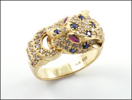 Leopard Head Ring Sapphire, Diamond and Ruby in 14K Yellow Gold LARGE